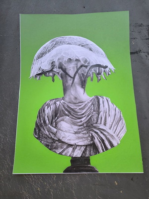 Surreal Artwork Medusa Pencil Drawing on Green Background like new