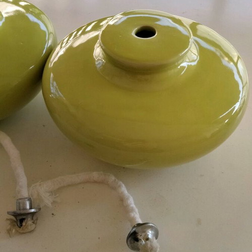 Pair of Handmade Ceramic Oil Lamps, Lime Green