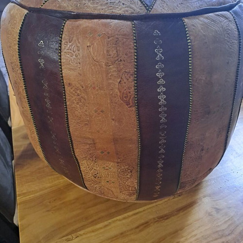 Leather pouf used, height 45 cm, diameter 50 cm, handmade Tunisia