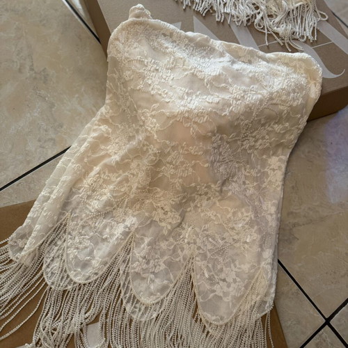 Zara asymmetric beaded lace top and fringe lace skirt set, new, ecru