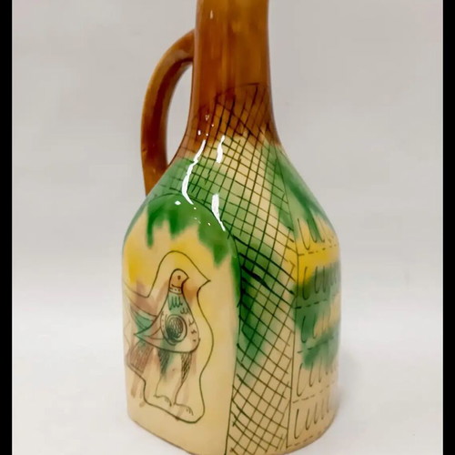 Ceramic Jug handpainted with Bird Brown Green 23 cm like new