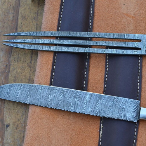 Damascus Hand Forged Knife and Fork BBQ Hunting Set from The Eagle Collection 5772