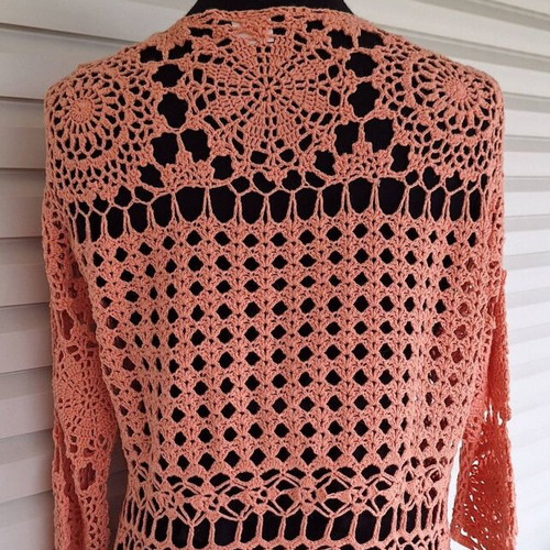 Crochet cardigan XL new, peach color with floral motifs
