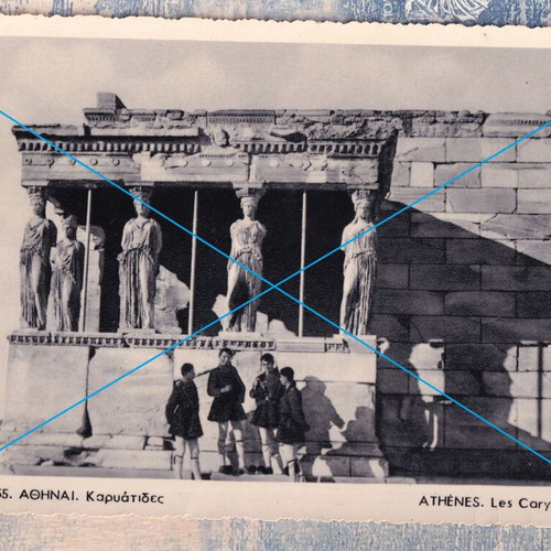 Athens Acropolis postcard used, Evzones in front of Caryatids