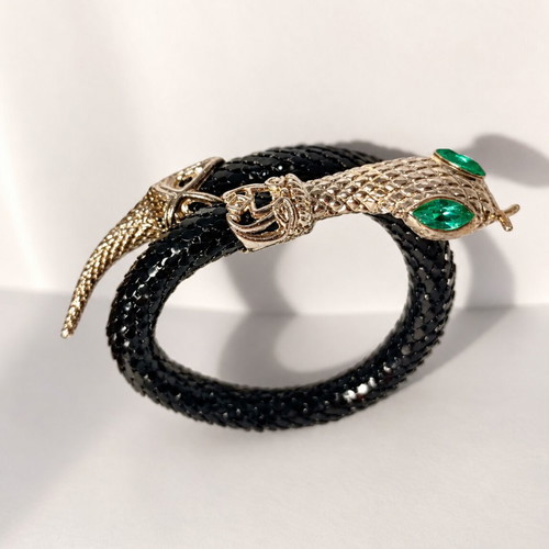 Black Snake Wrap Bracelet with Green Crystal Eyes, Vintage