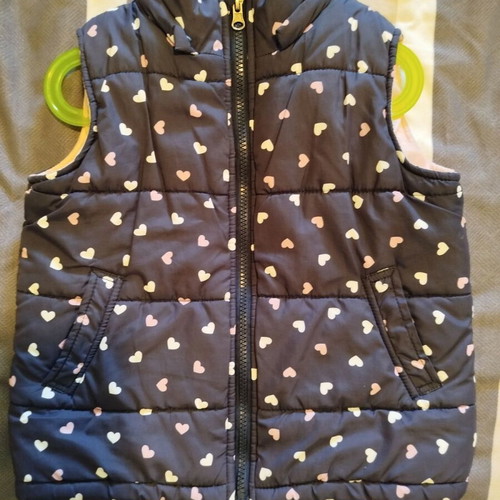 Sleeveless kids jacket used, dark blue with pink and white hearts, age 6