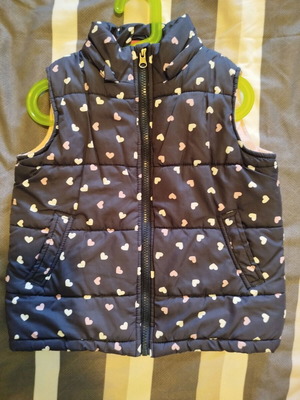 Sleeveless kids jacket used, dark blue with pink and white hearts, age 6