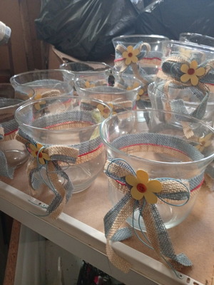 Decorative glass vases handmade with beige turquoise burlap, set of 12, like new