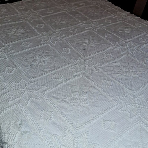 Handmade double bed blanket with two pillowcases, white crochet