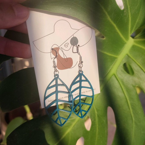 Handmade dangle earrings with 3D printed leaf, new, green