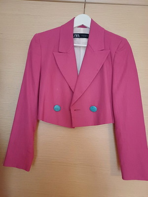 ZARA Women Cropped Linen Jacket new, pink with turquoise buttons, XS