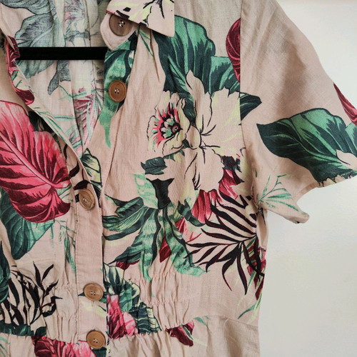 ZARA Tropical Floral Linen-Blend Shirt Dress - Size S - Ροζ/Πολύχρωμο