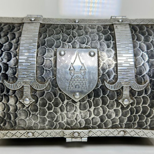 Metal Storage Chest used, Gothic style with medieval symbols