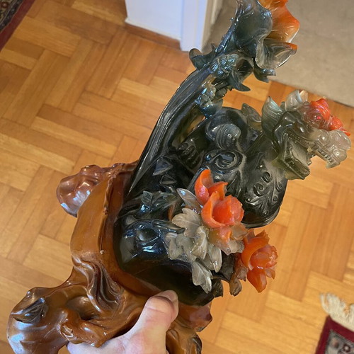 Feng Shui Pixiu Sculpture like new with Peony Flowers and Happiness Inscription