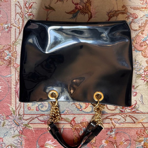 DKNY black PVC shoulder tote handbag with golden chain like new
