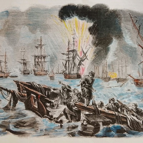 1854 Ναυμαχία Ναβαρίνου Επιχρωμιωμένη Ξυλογραφία Μεταχειρισμένη 25x17cm