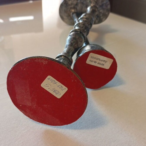 Two used classic iron decorative candlesticks 29 and 26 cm