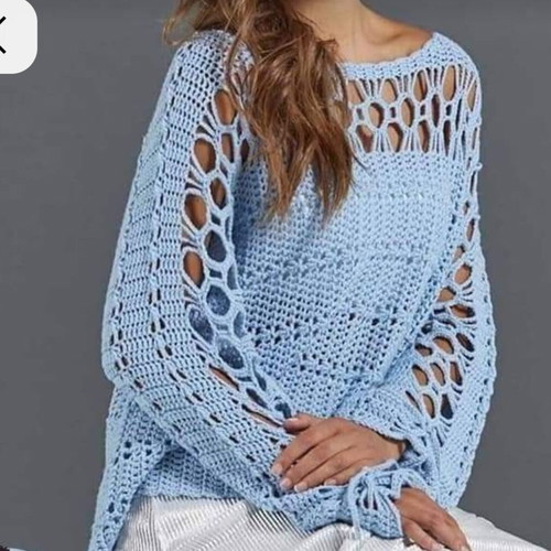 Light Blue Hand-Knitted Blouse New with Openwork Design