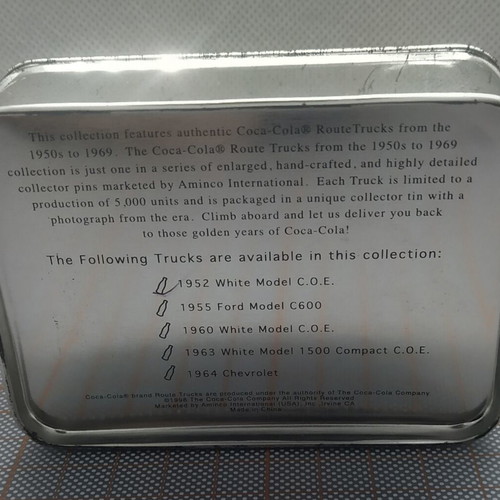 Coca-Cola Route Truck Pin like new in collectible tin box
