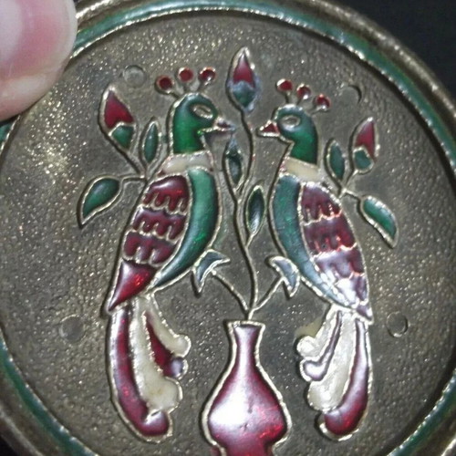 Cloisonne Enamel Plate Used, Handmade Copper and Bronze with Birds 7 cm