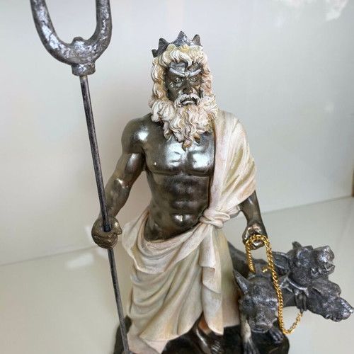 Hades figurine with Cerberus used, synthetic porcelain