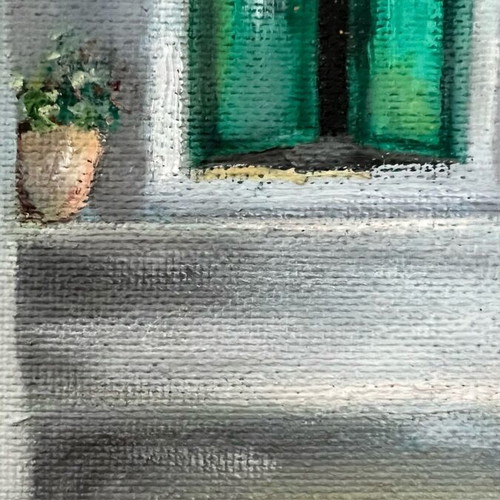 Oil painting used, Greek village scene by K.K. Konstantinou Kevga, 1980