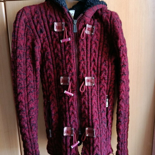 Wool cardigan men's new with zipper and hood burgundy size L