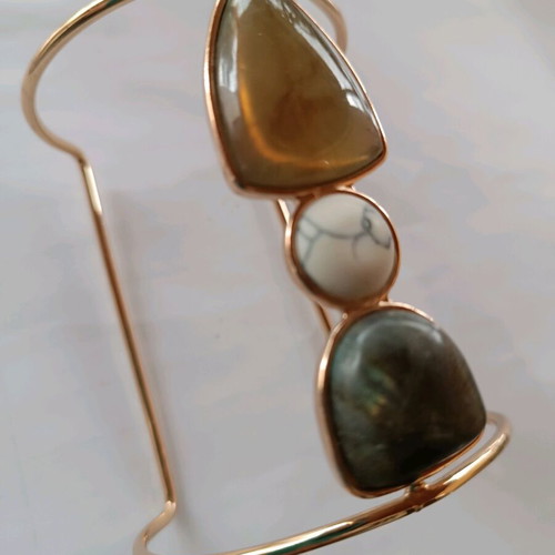 Cuff bracelet large with 3 semi-precious stones new, multicolor gold