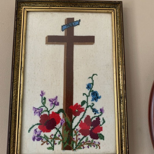 Framed embroidered cross like new, handmade, 1970s
