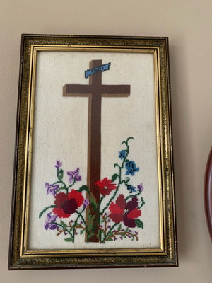 Framed embroidered cross like new, handmade, 1970s