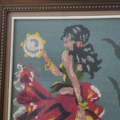 Vintage Handmade Embroidery "Spanish" – Canvas with Wooden Frame