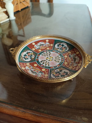 Decorative Imari porcelain tray with gilded metal frame and handles like new