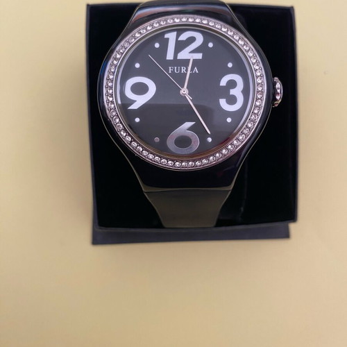 Furla watch new with black rubber strap and white rhinestones