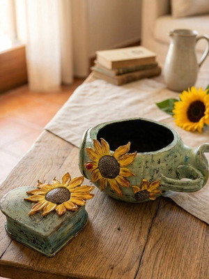 Handmade Sunflowers Clay Set 2 Pieces New