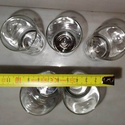 Vintage vodka/ouzo/cognac glasses set of 5, crystal and copper-nickel, like new