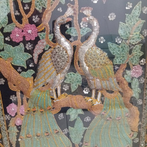 Peacock Embroidery Textile Panel with Gold Frame
