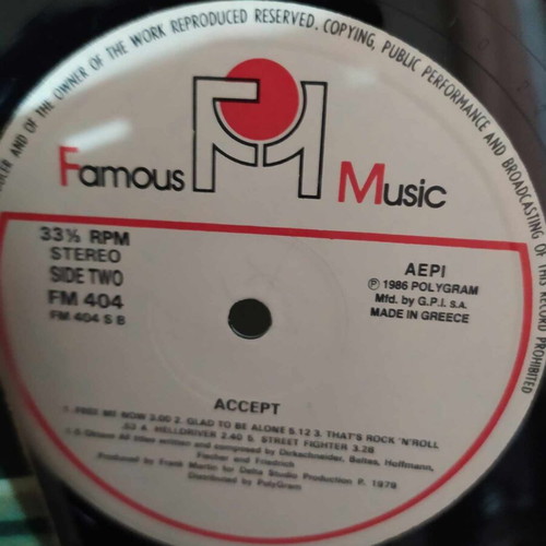 Accept LP used, Greek edition 1986, metal