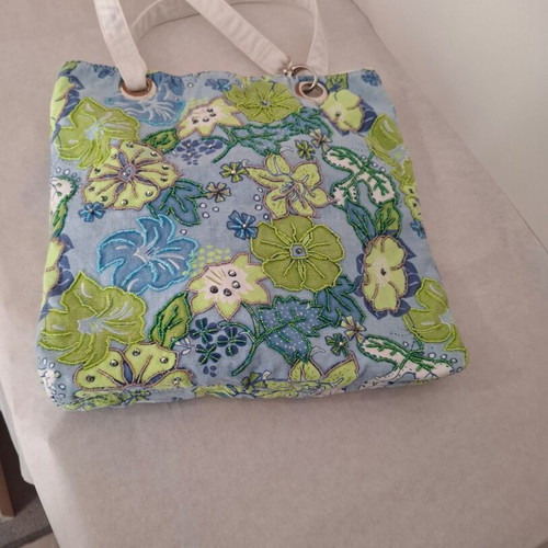 Fabric shoulder bag used with handmade embroidery and beads, spring-summer