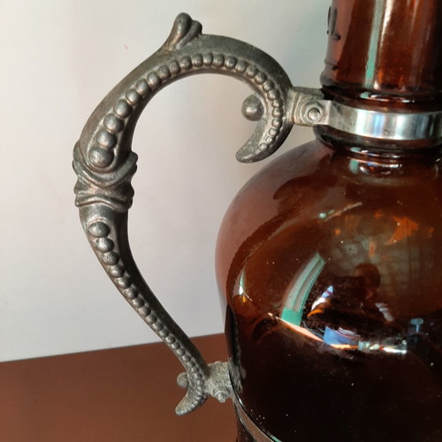 German vintage beer bottle growler with metal handle