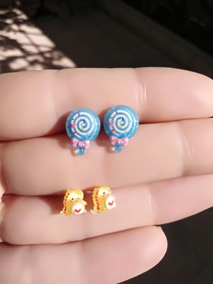 Hypoallergenic earrings, 2 pairs, handmade, blue and yellow