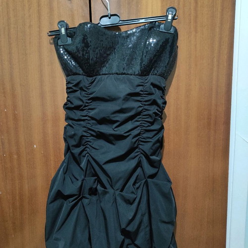 Strapless black dress used, size small with rhinestones and cords