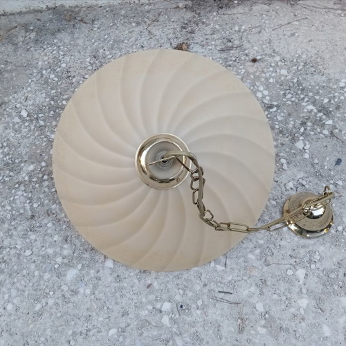 Glass ceiling light with 2 lamps, like new, ecru color, brass base