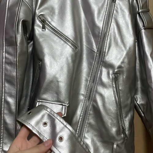 Silver faux leather jacket new with belt and tabs