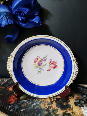 German porcelain bowl like new, cobalt blue with handles and gold decor