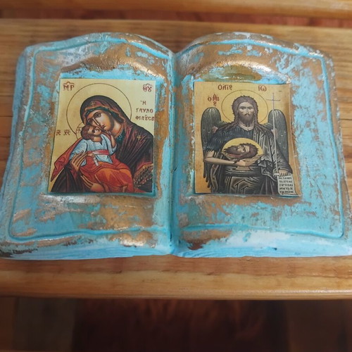 Gypsum Icon Used in Book Shape Panagia Glykofilousa Saint John the Baptist