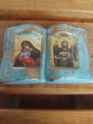 Gypsum Icon Used in Book Shape Panagia Glykofilousa Saint John the Baptist