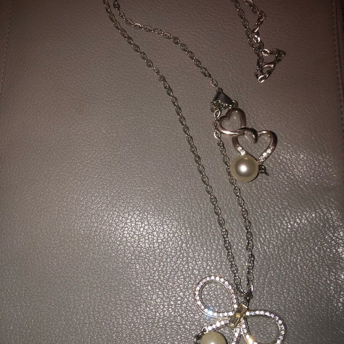 Long silver chain with 2 pendants, pearls and rhinestones, new