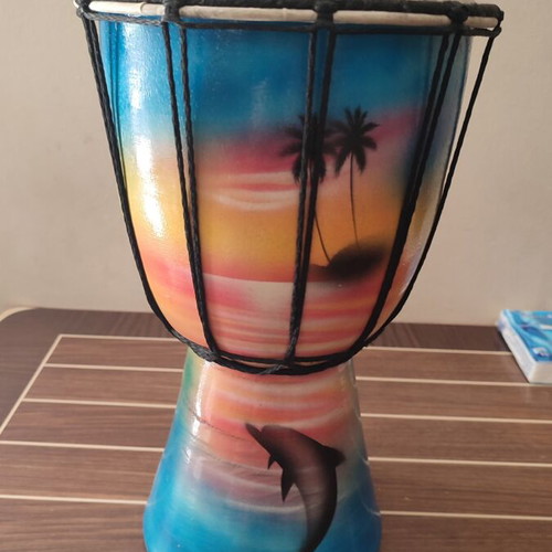 Wooden handmade djembe used, hand-painted tropical design 30x28 cm