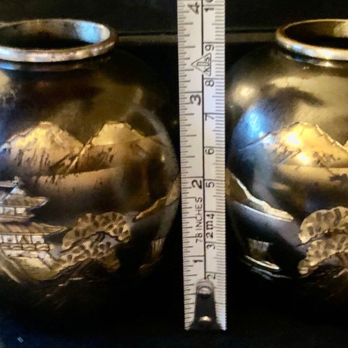 Set of 2 old Japanese metal Mt.Fuji vases used