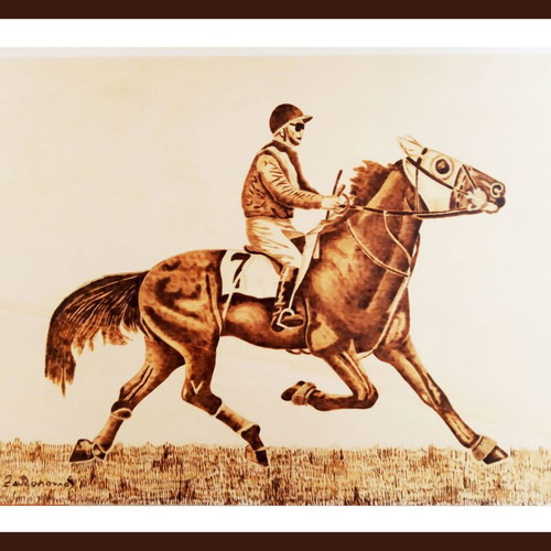 Rider on Horse pyrography painting new on poplar wood